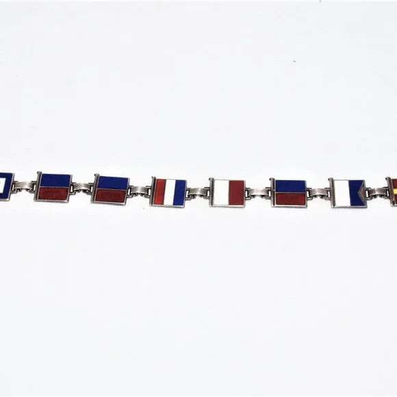 1940s Sterling Silver Enamel Nautical Flag “Sweetheart” Bracelet WWII
